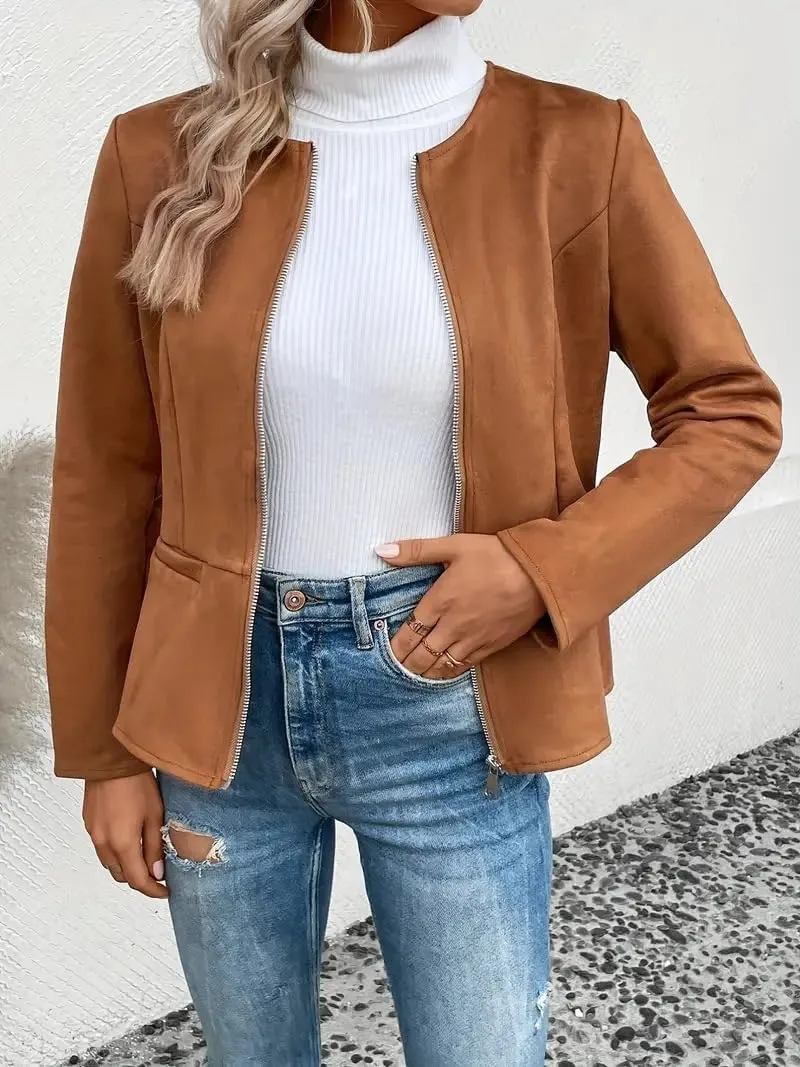 Womens Faux Fur Leather Jackets Casual Cropped Zip Up Motorcyle Jacket Lightweight Stand Collar Coats