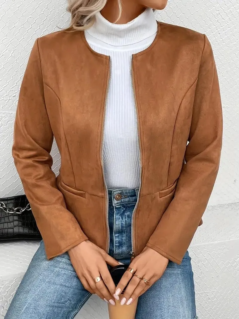 Womens Faux Fur Leather Jackets Casual Cropped Zip Up Motorcyle Jacket Lightweight Stand Collar Coats