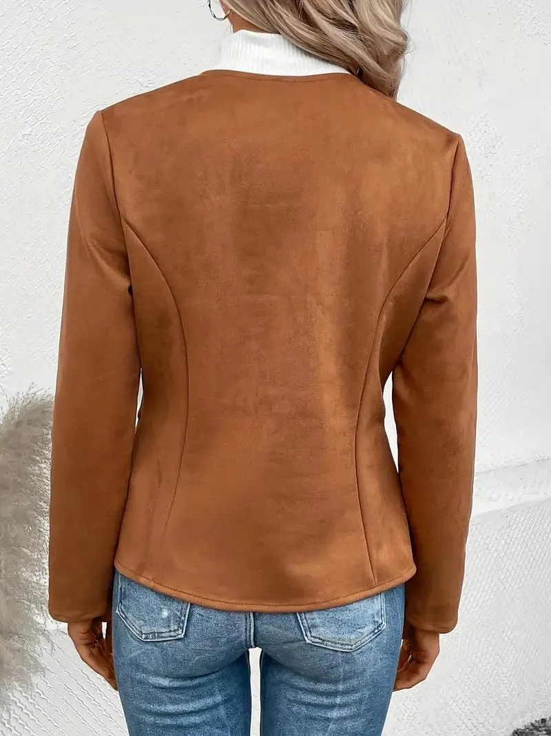 Womens Faux Fur Leather Jackets Casual Cropped Zip Up Motorcyle Jacket Lightweight Stand Collar Coats