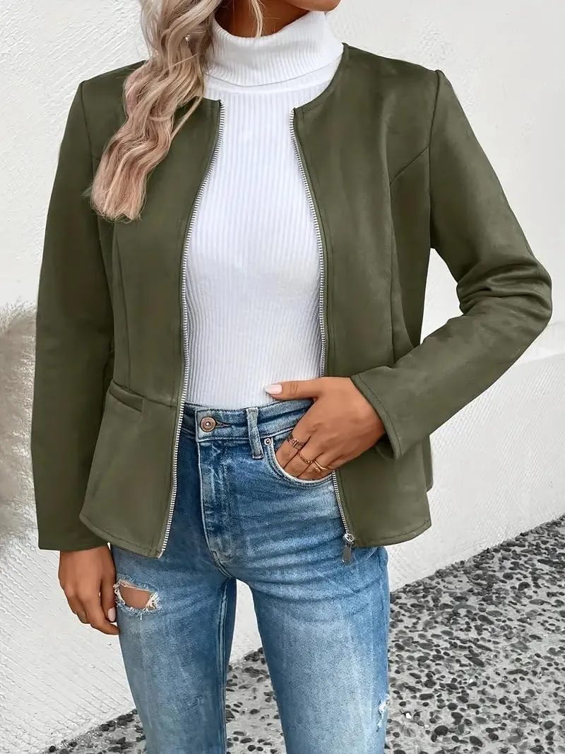 Womens Faux Fur Leather Jackets Casual Cropped Zip Up Motorcyle Jacket Lightweight Stand Collar Coats