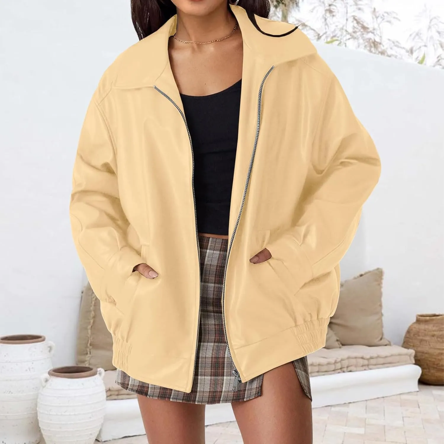 Womens Faux Leather Jacket Oversized Zip Up Motorcycle Coats Casual Moto Biker Coat Fall Fashion Winter Outfits