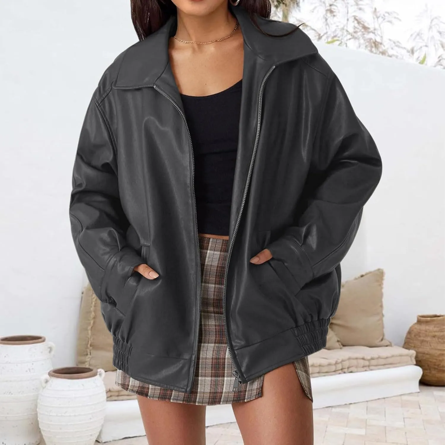 Womens Faux Leather Jacket Oversized Zip Up Motorcycle Coats Casual Moto Biker Coat Fall Fashion Winter Outfits