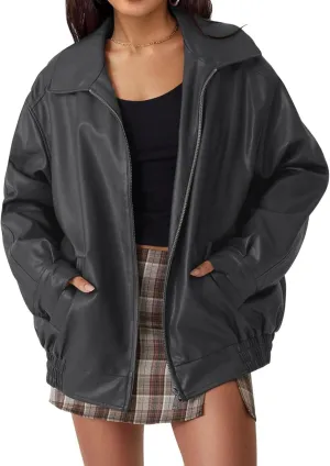 Womens Faux Leather Jacket Oversized Zip Up Motorcycle Coats Casual Moto Biker Coat Fall Fashion Winter Outfits