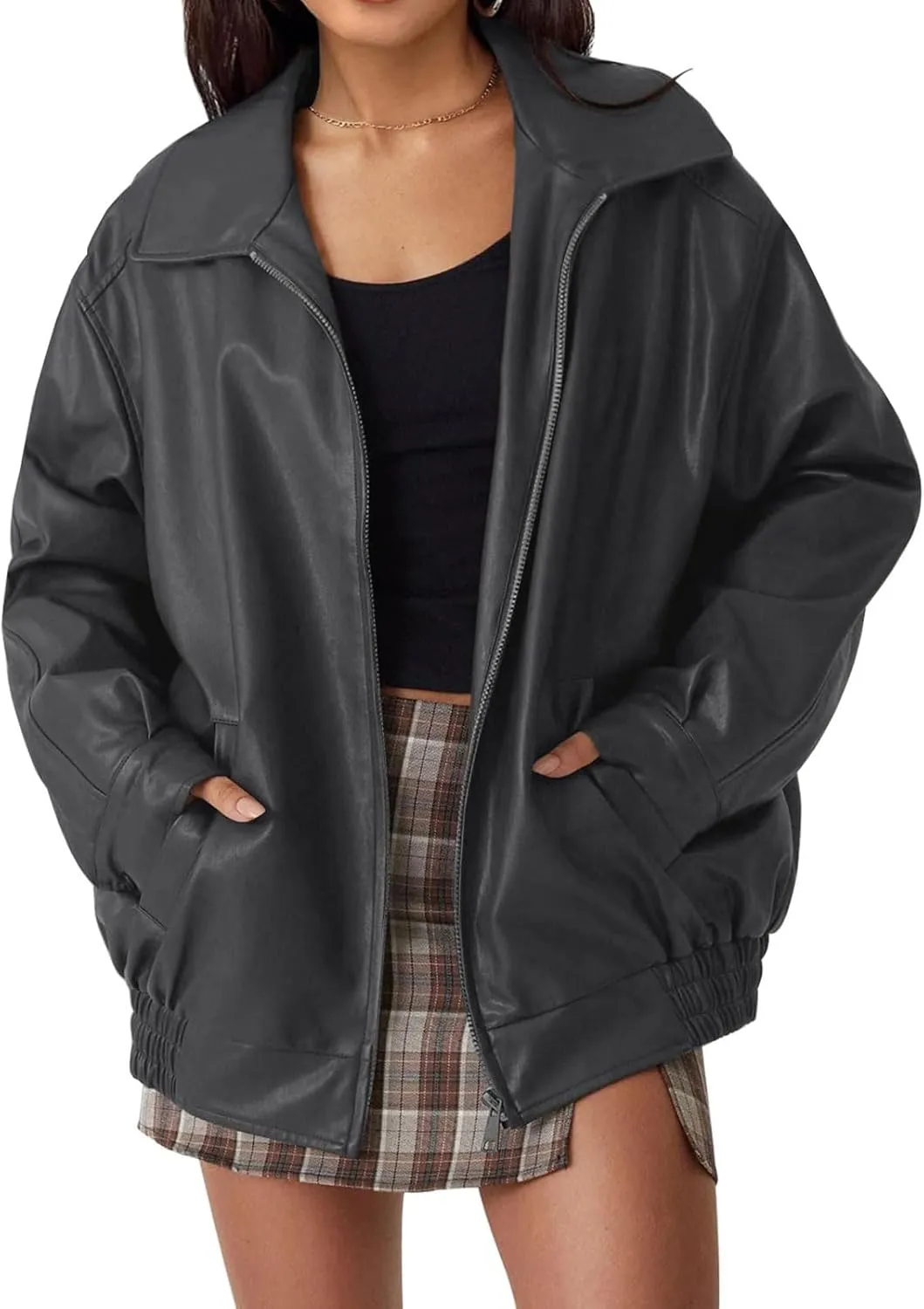 Womens Faux Leather Jacket Oversized Zip Up Motorcycle Coats Casual Moto Biker Coat Fall Fashion Winter Outfits