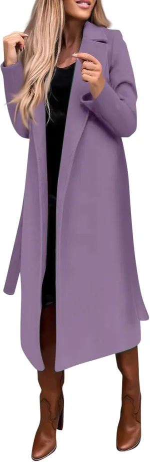 Women's Faux Wool Coat Blouse Thin Coat Trench Long Jacket Ladies Slim Long Belt Wool Hiking Winter Jackets