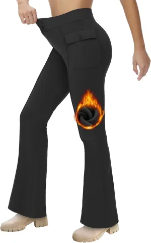 Women's Fleece Lined Pants Winter Warm Leggings Water Resistant Flare Bootcut Hiking Thermal Outdoor Cargo Pockets