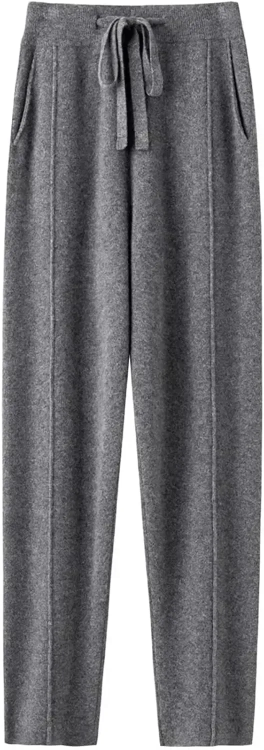 WomenS High Waist Harem Pants Drawstring Closure Regular Fit Casual Solid Color Ankle Length Knitted Cashmere Pants