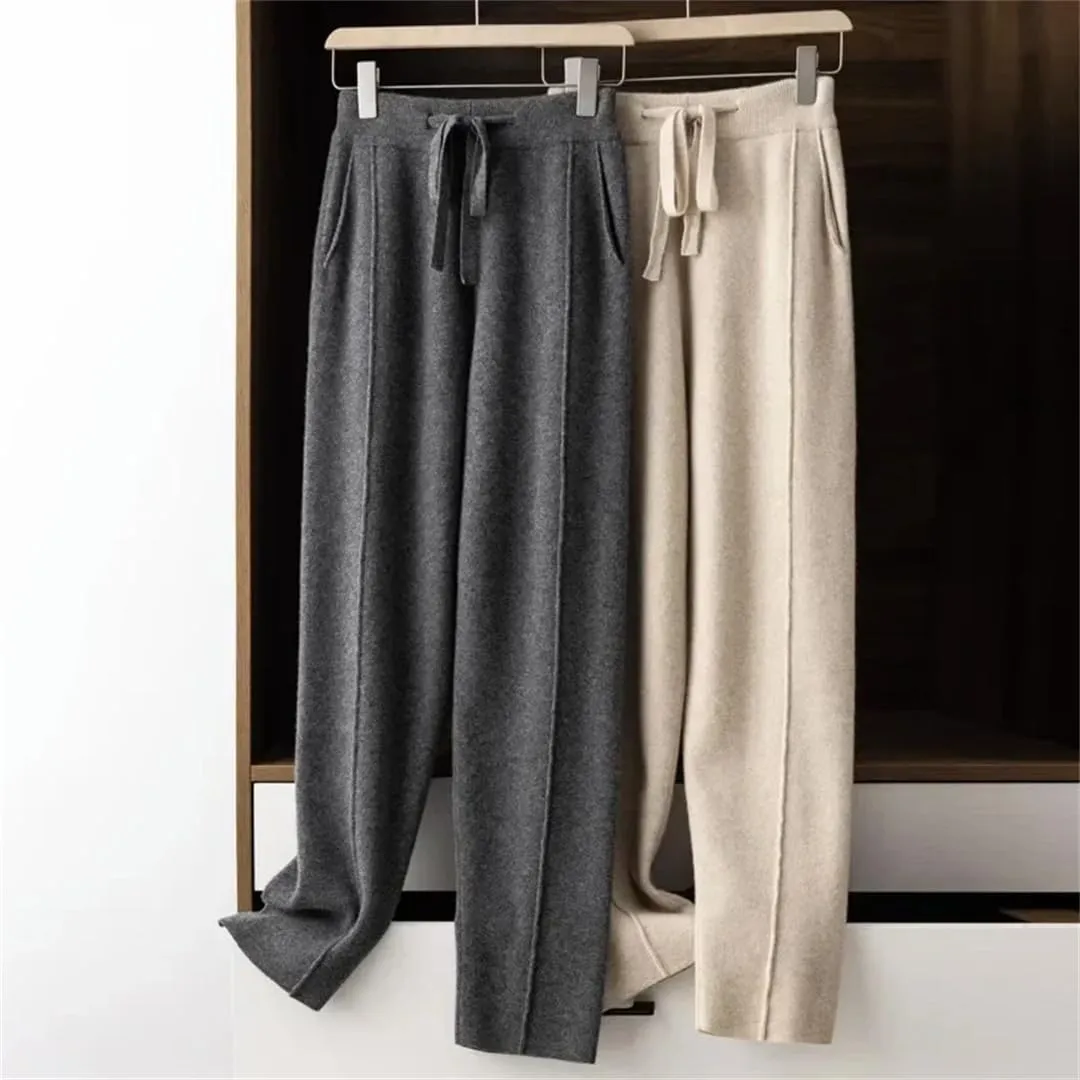 WomenS High Waist Harem Pants Drawstring Closure Regular Fit Casual Solid Color Ankle Length Knitted Cashmere Pants