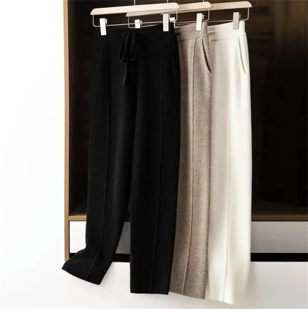 WomenS High Waist Harem Pants Drawstring Closure Regular Fit Casual Solid Color Ankle Length Knitted Cashmere Pants