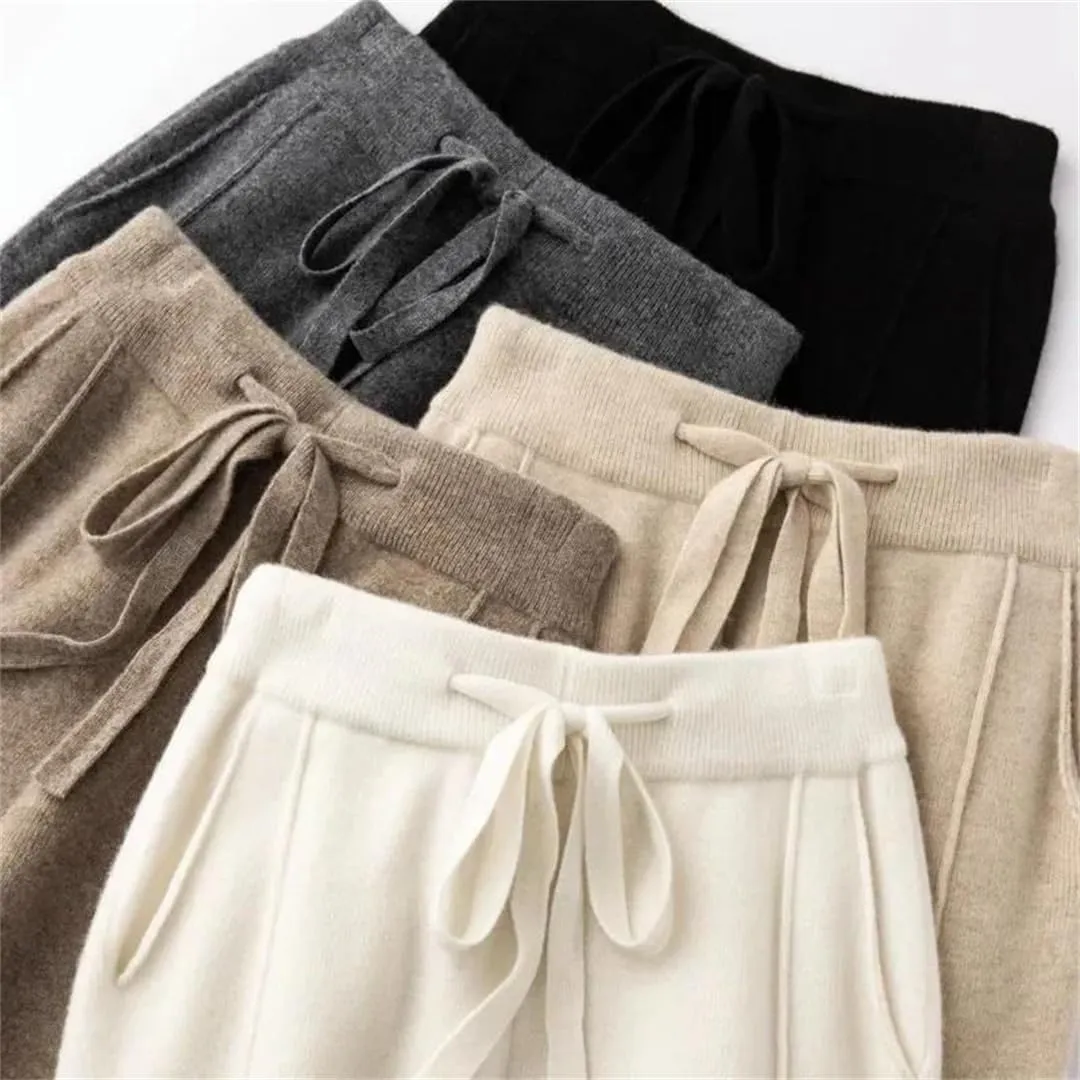 WomenS High Waist Harem Pants Drawstring Closure Regular Fit Casual Solid Color Ankle Length Knitted Cashmere Pants