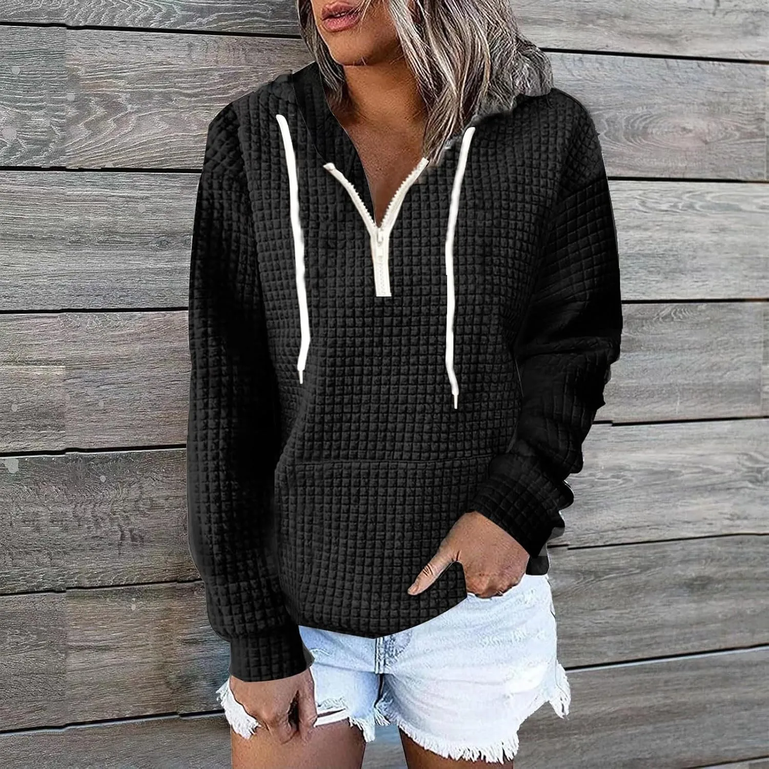 Womens Hoodies Casual Long Sleeve Drawstring Waffle Knit Pullover Tops Loose Hooded Sweatshirt with Pocket