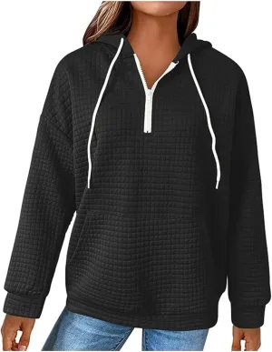 Womens Hoodies Casual Long Sleeve Drawstring Waffle Knit Pullover Tops Loose Hooded Sweatshirt with Pocket