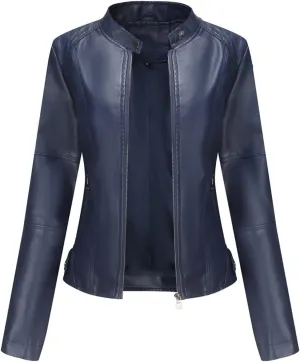 Womens Leather Jacket Quilted Faux Leather Short Jacket Women Fall and Winter Motorcycle Biker Casual Slim Bomber Coat(Dark Blue,XXXL)