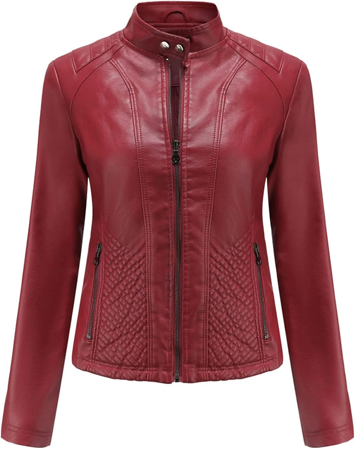 Women's Leather Stand Collar Jackets Zip Up Motorcycle Short PU Moto Biker Outwear Fitted Slim Coat