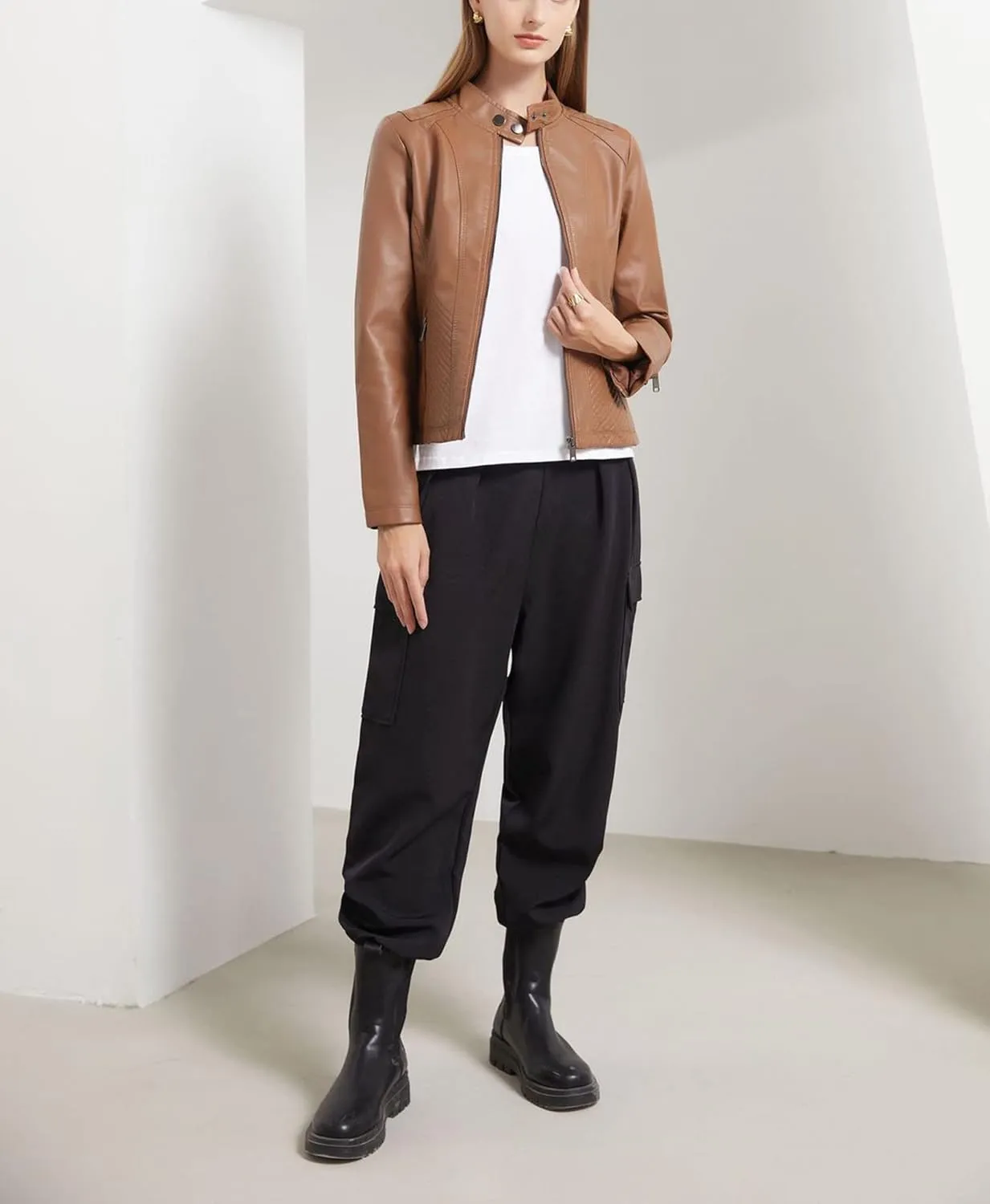 Women's Leather Stand Collar Jackets Zip Up Motorcycle Short PU Moto Biker Outwear Fitted Slim Coat