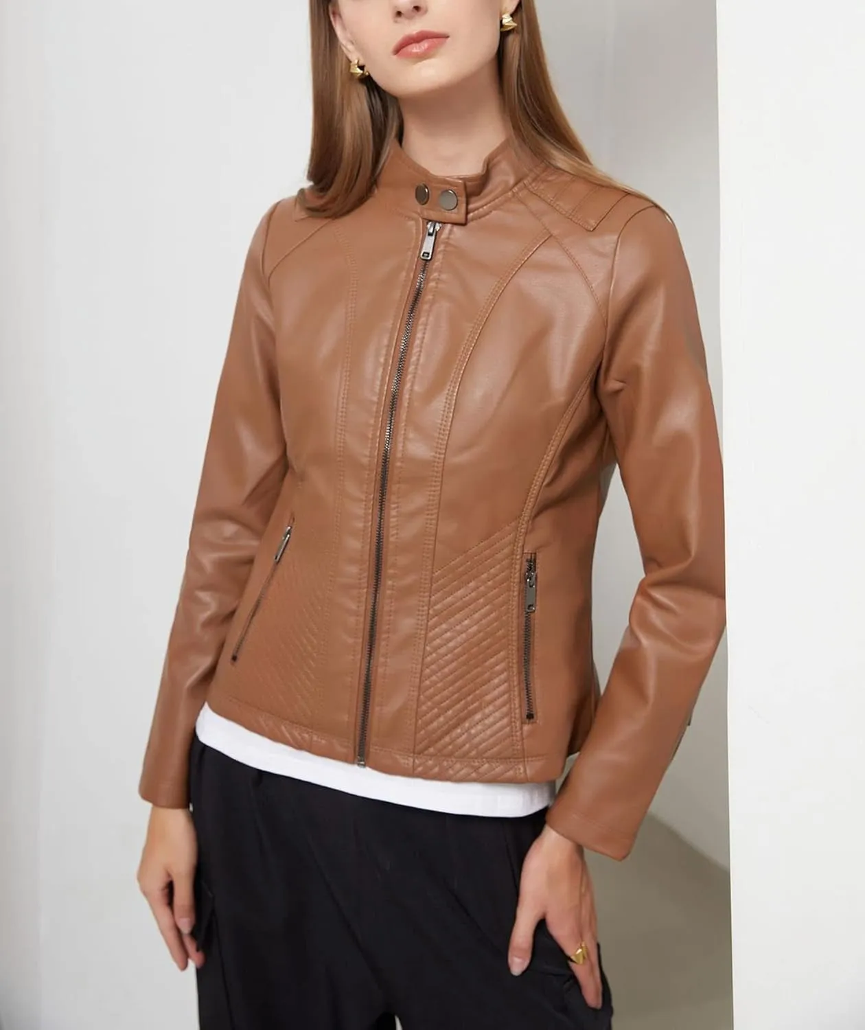 Women's Leather Stand Collar Jackets Zip Up Motorcycle Short PU Moto Biker Outwear Fitted Slim Coat