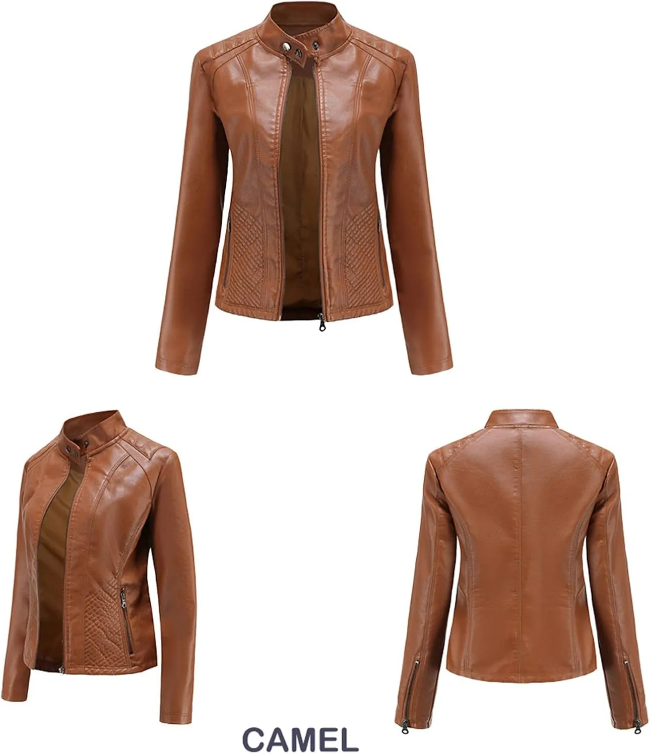 Women's Leather Stand Collar Jackets Zip Up Motorcycle Short PU Moto Biker Outwear Fitted Slim Coat