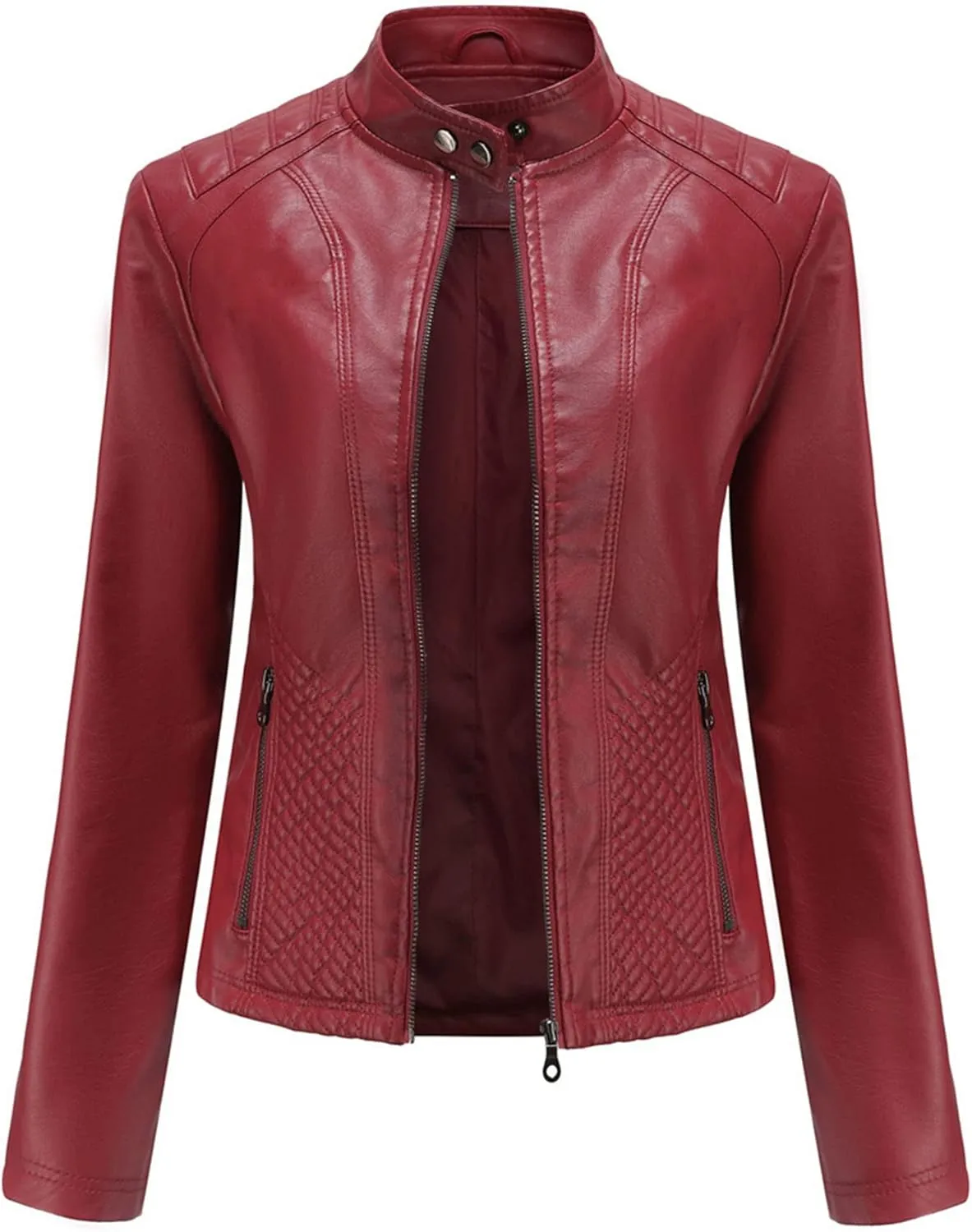 Women's Leather Stand Collar Jackets Zip Up Motorcycle Short PU Moto Biker Outwear Fitted Slim Coat