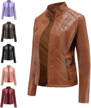 Women's Leather Stand Collar Jackets Zip Up Motorcycle Short PU Moto Biker Outwear Fitted Slim Coat