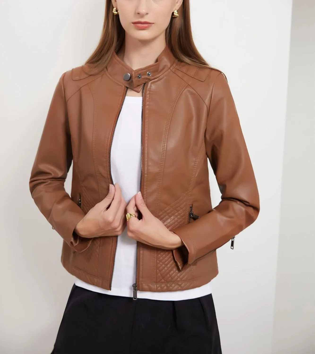 Women's Leather Stand Collar Jackets Zip Up Motorcycle Short PU Moto Biker Outwear Fitted Slim Coat