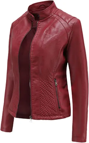Women's Leather Stand Collar Jackets Zip Up Motorcycle Short PU Moto Biker Outwear Fitted Slim Coat