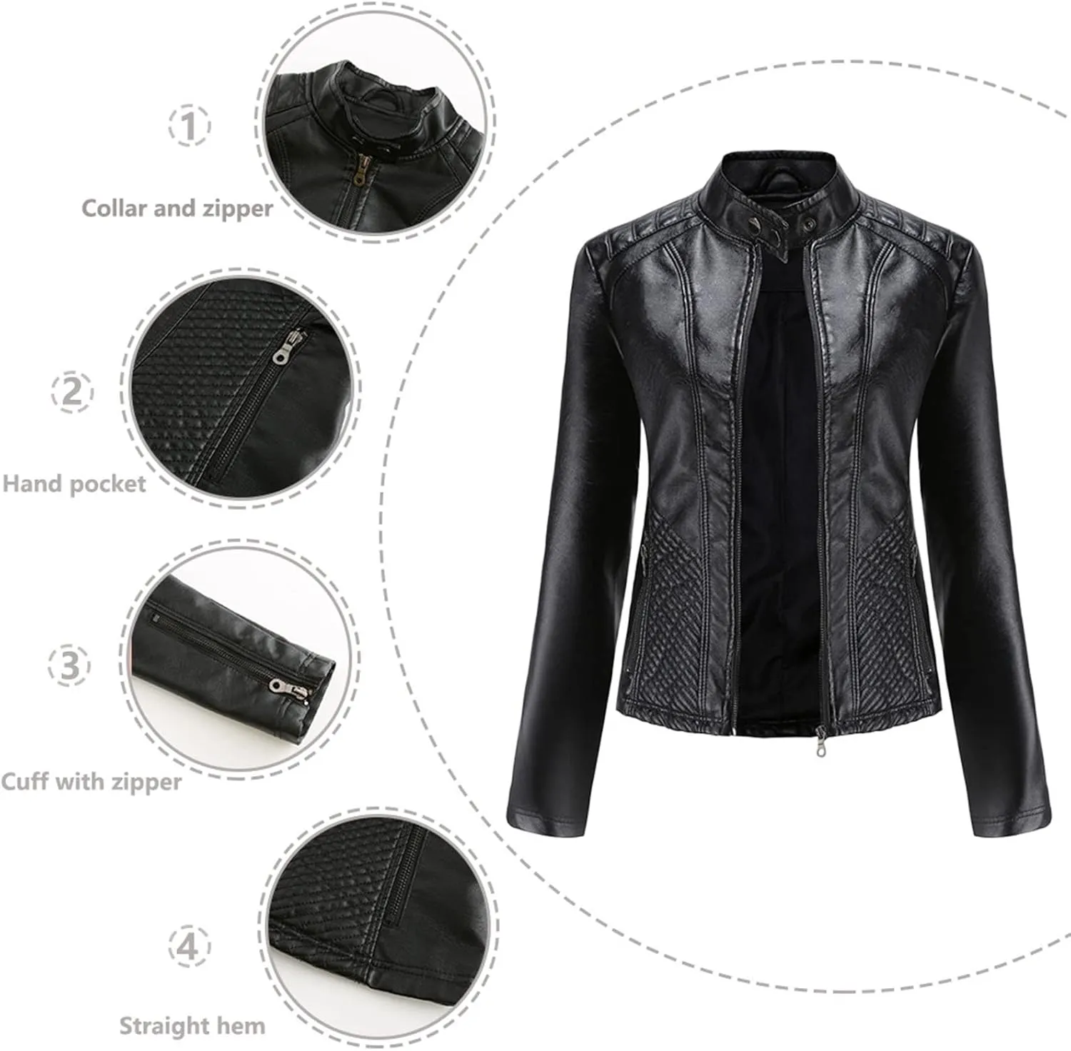 Women's Leather Stand Collar Jackets Zip Up Motorcycle Short PU Moto Biker Outwear Fitted Slim Coat