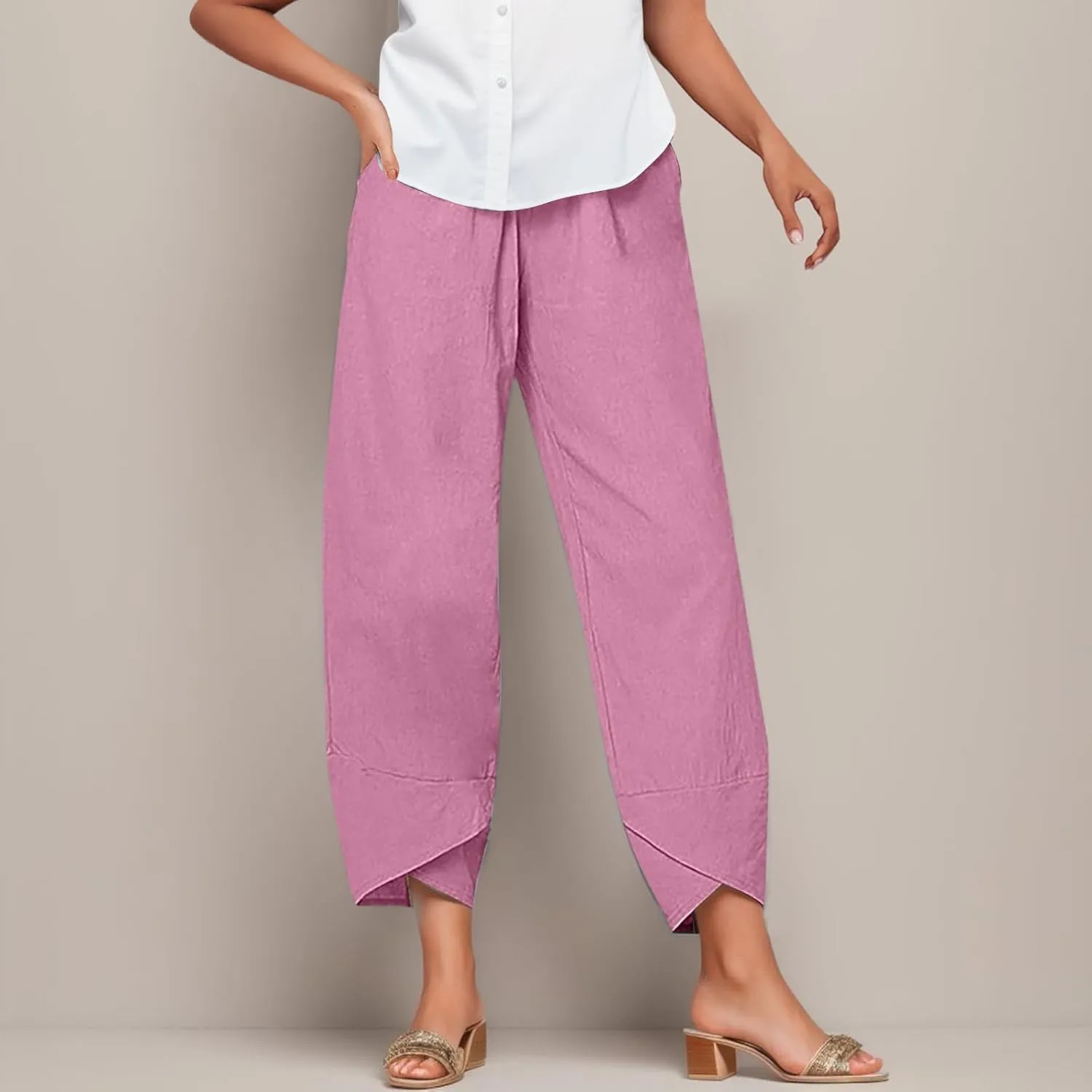 Womens Linen Pants for Summer High Waist Lightweight Lounge Trousers 2025 Trendy Casual Cropped Pants with Pockets