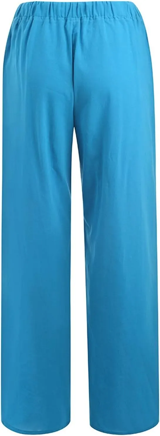 Womens Linen Pants Wide Leg Lounge Boho Beach Summer Trousers Elastic Waist Drawstring Loose Fit Palazzo Pants Pockets