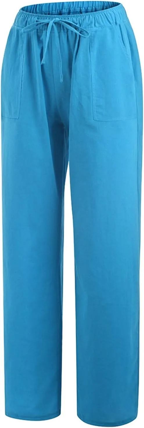 Womens Linen Pants Wide Leg Lounge Boho Beach Summer Trousers Elastic Waist Drawstring Loose Fit Palazzo Pants Pockets