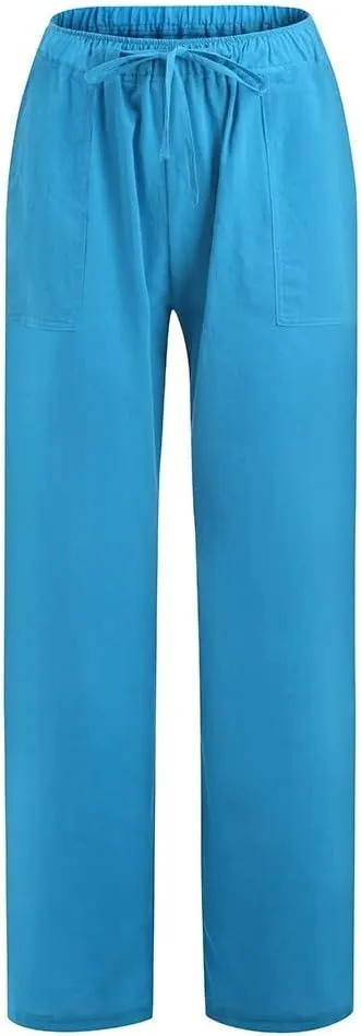 Womens Linen Pants Wide Leg Lounge Boho Beach Summer Trousers Elastic Waist Drawstring Loose Fit Palazzo Pants Pockets