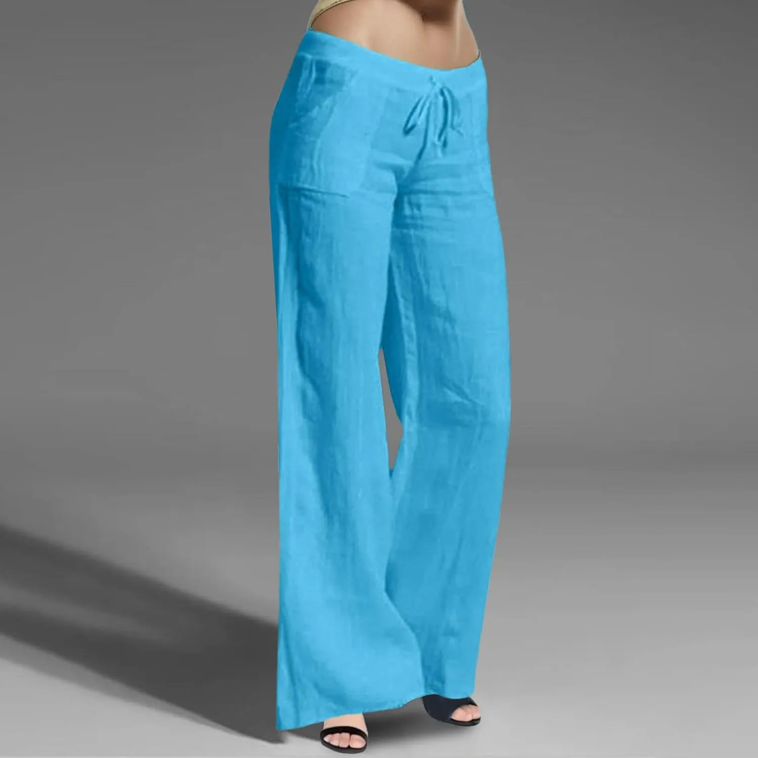 Womens Linen Pants Wide Leg Lounge Boho Beach Summer Trousers Elastic Waist Drawstring Loose Fit Palazzo Pants Pockets