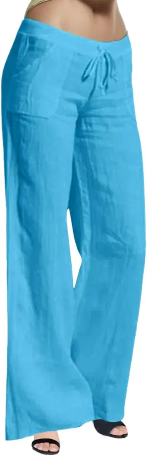 Womens Linen Pants Wide Leg Lounge Boho Beach Summer Trousers Elastic Waist Drawstring Loose Fit Palazzo Pants Pockets