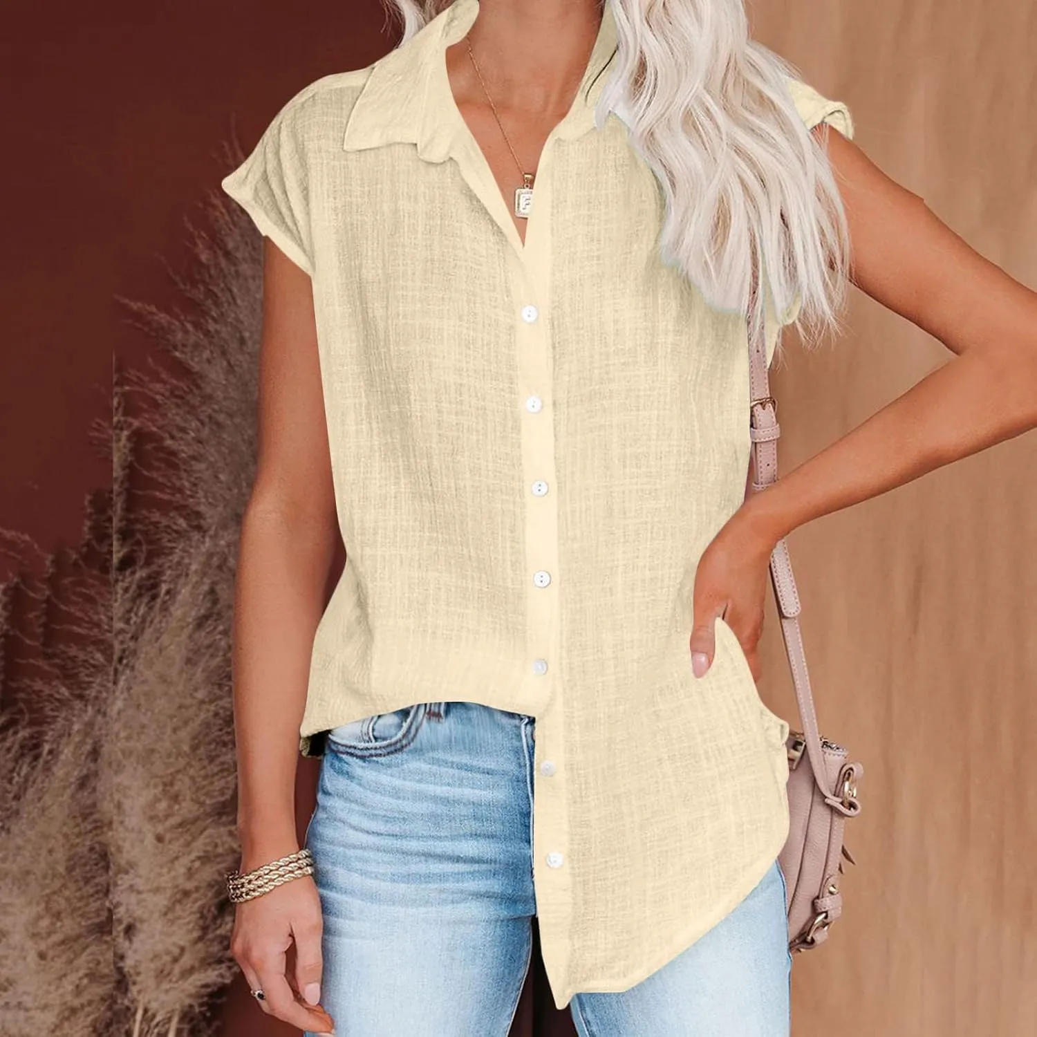 Womens Linen Tops Cap Sleeve Button Down Shirt Gauze Linen Shirt Casual Loose Fit Work Blouses Solid Linen Shirt Tops