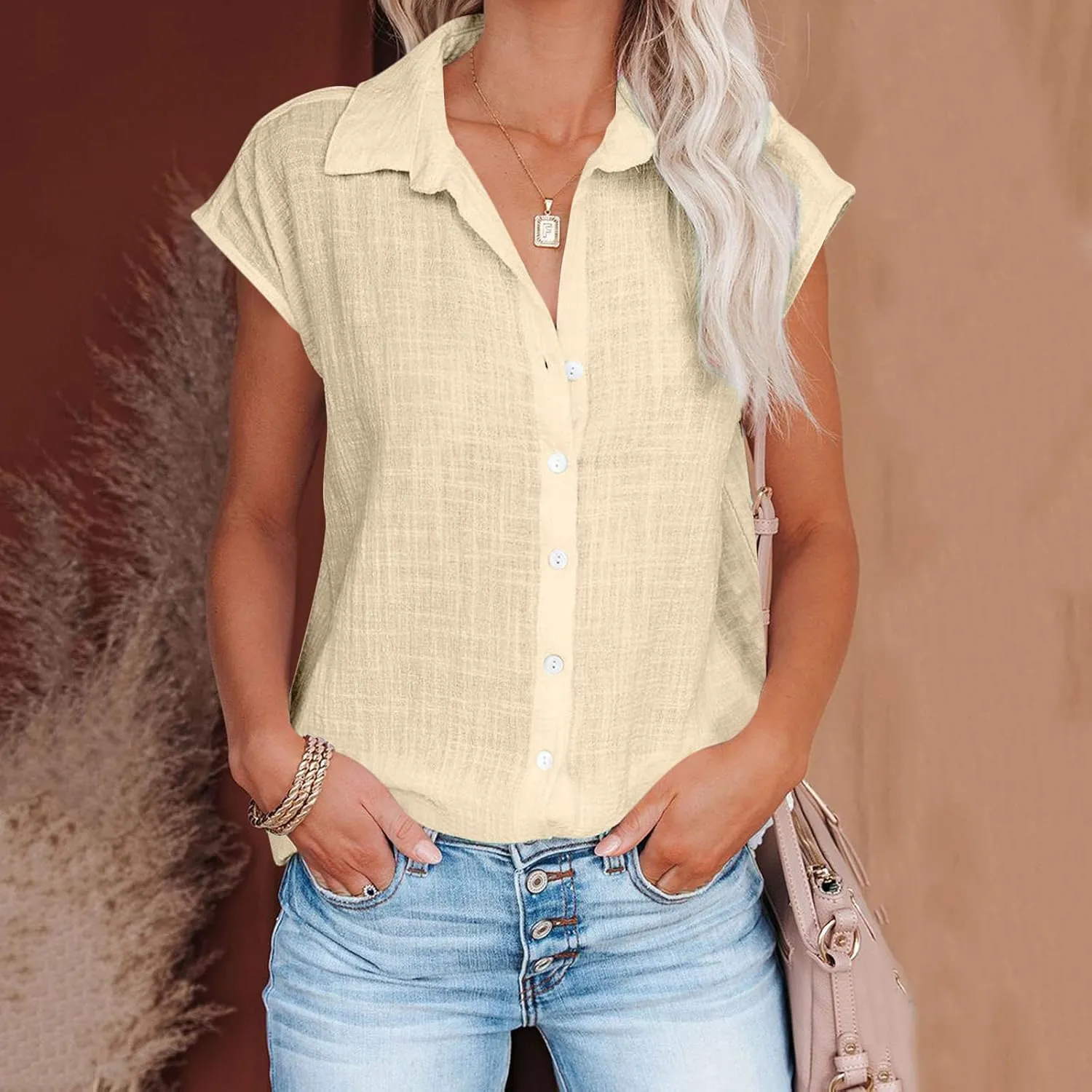 Womens Linen Tops Cap Sleeve Button Down Shirt Gauze Linen Shirt Casual Loose Fit Work Blouses Solid Linen Shirt Tops