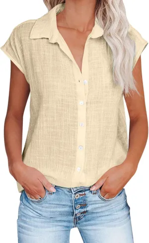 Womens Linen Tops Cap Sleeve Button Down Shirt Gauze Linen Shirt Casual Loose Fit Work Blouses Solid Linen Shirt Tops