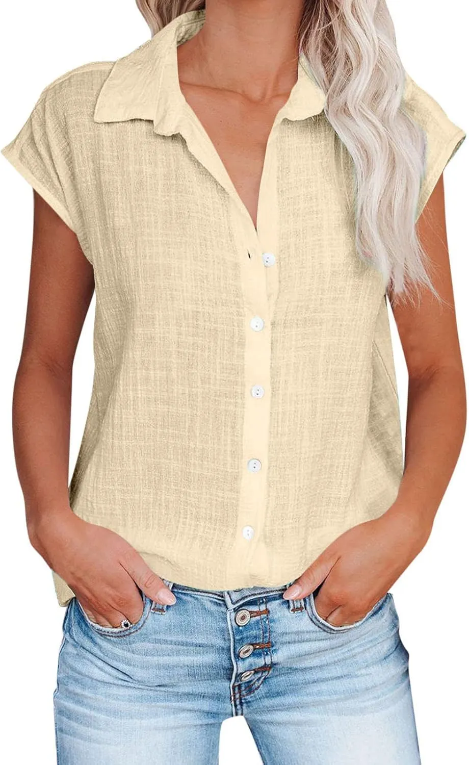 Womens Linen Tops Cap Sleeve Button Down Shirt Gauze Linen Shirt Casual Loose Fit Work Blouses Solid Linen Shirt Tops