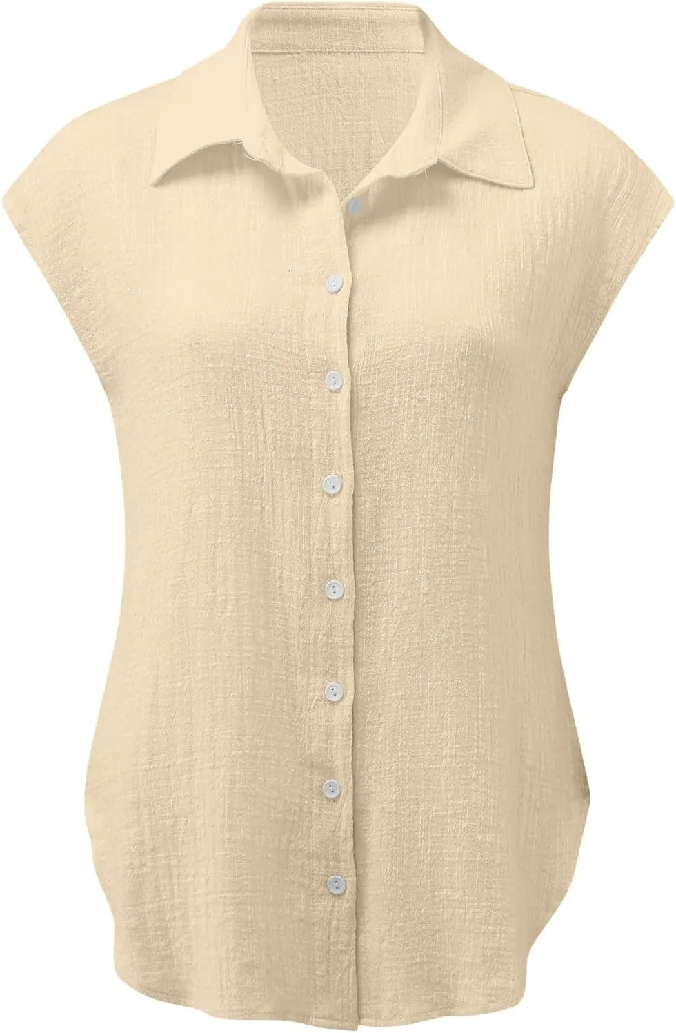 Womens Linen Tops Cap Sleeve Button Down Shirt Gauze Linen Shirt Casual Loose Fit Work Blouses Solid Linen Shirt Tops