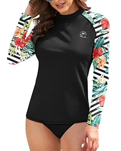 Women's Long Sleeve Rash Guard Swim Top With Upf 50  Sun Protection-Black And Striped