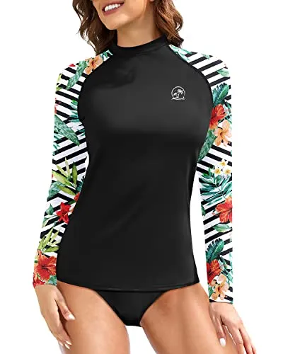 Women's Long Sleeve Rash Guard Swim Top With Upf 50  Sun Protection-Black And Striped