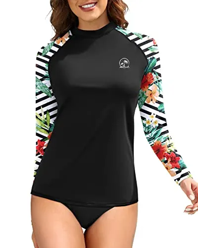 Women's Long Sleeve Rash Guard Swim Top With Upf 50  Sun Protection-Black And Striped