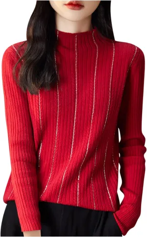 Womens Long Sleeve Shirts Slim Fit Knit Tops Casual Loose Fit Mock Neck Lightweight Sweaters Jumper Tops Knitwear