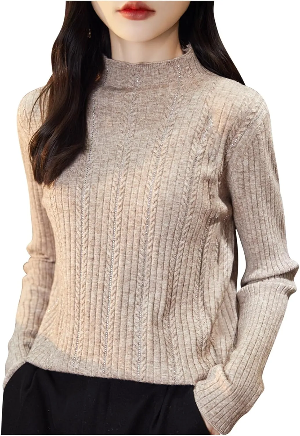 Womens Long Sleeve Shirts Slim Fit Knit Tops Casual Loose Fit Mock Neck Lightweight Sweaters Jumper Tops Knitwear