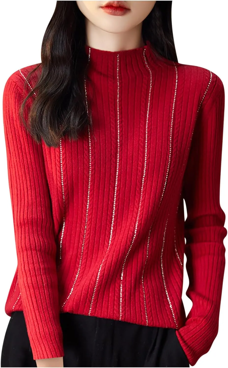 Womens Long Sleeve Shirts Slim Fit Knit Tops Casual Loose Fit Mock Neck Lightweight Sweaters Jumper Tops Knitwear