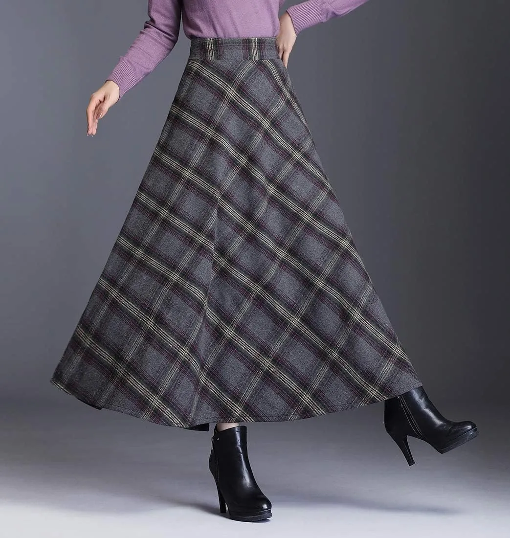 Women's Maxi Winter Skirt Plaid Vintage Elegant Wool High Waist Warm Long Elastic Waist A-Line Pleated Skirt S-3XL