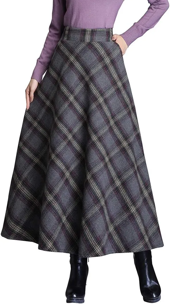 Women's Maxi Winter Skirt Plaid Vintage Elegant Wool High Waist Warm Long Elastic Waist A-Line Pleated Skirt S-3XL