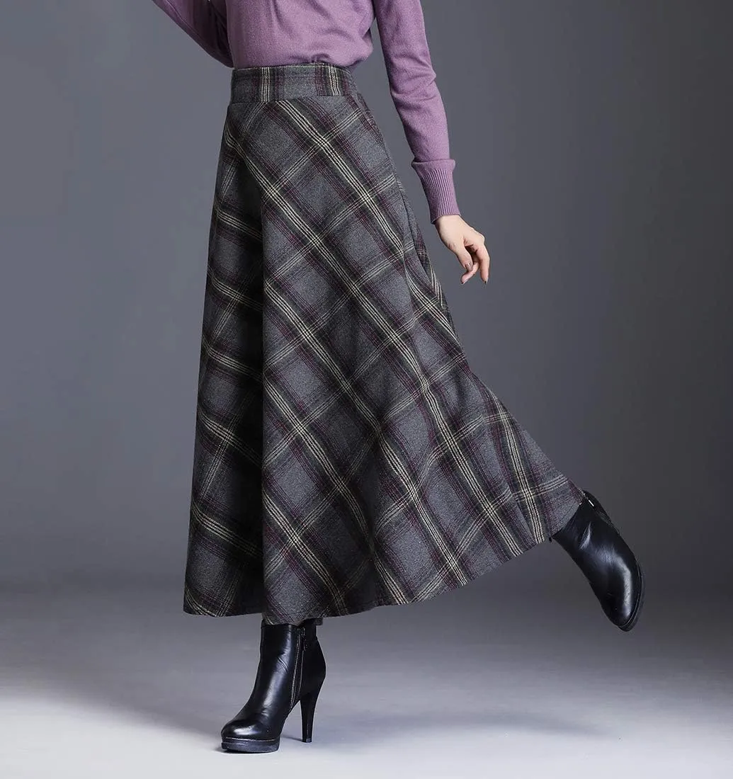 Women's Maxi Winter Skirt Plaid Vintage Elegant Wool High Waist Warm Long Elastic Waist A-Line Pleated Skirt S-3XL