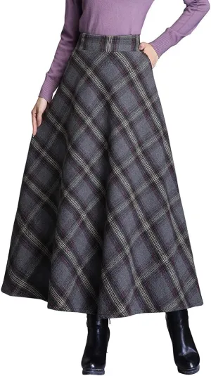 Women's Maxi Winter Skirt Plaid Vintage Elegant Wool High Waist Warm Long Elastic Waist A-Line Pleated Skirt S-3XL