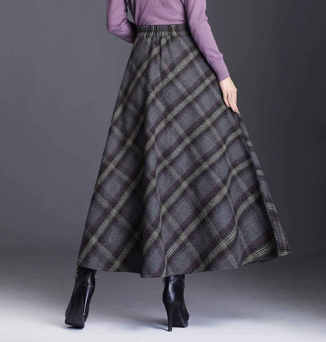 Women's Maxi Winter Skirt Plaid Vintage Elegant Wool High Waist Warm Long Elastic Waist A-Line Pleated Skirt S-3XL