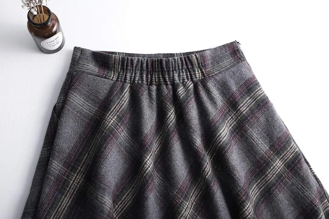 Women's Maxi Winter Skirt Plaid Vintage Elegant Wool High Waist Warm Long Elastic Waist A-Line Pleated Skirt S-3XL