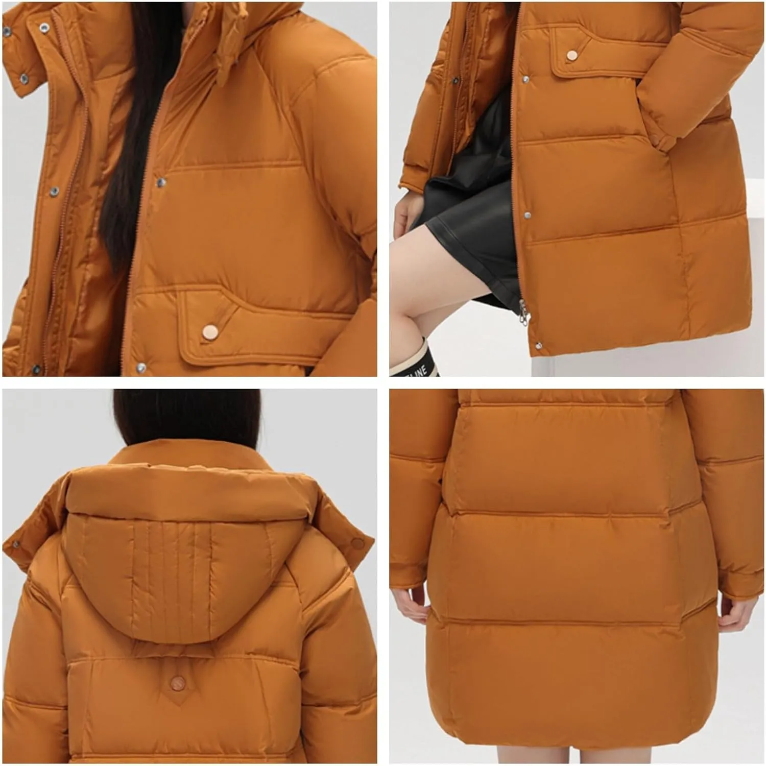 Women's Mid Length Puffer Coat Hooded Windproof Down Jacket Cotton-Padded Warm Winter Outwear
